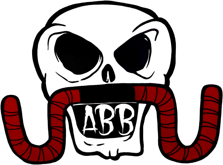 Home 2 A cartoon skull with dark eye sockets, holding a red segmented worm in its mouth; the letters "ABB" are written inside the mouth.